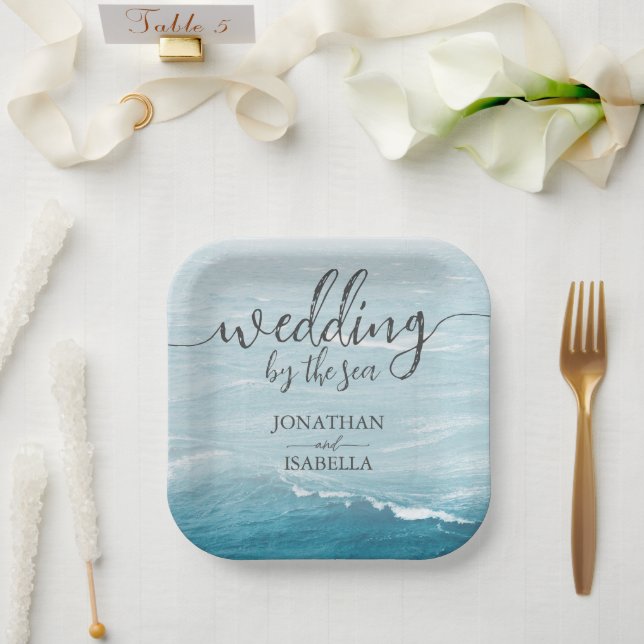 Summer wedding by the blue wavy sea ombre ocean paper plate (Wedding)