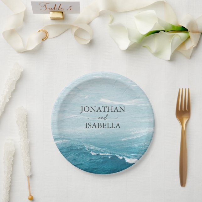 Summer wedding by the blue wavy sea ombre ocean paper plate (Wedding)