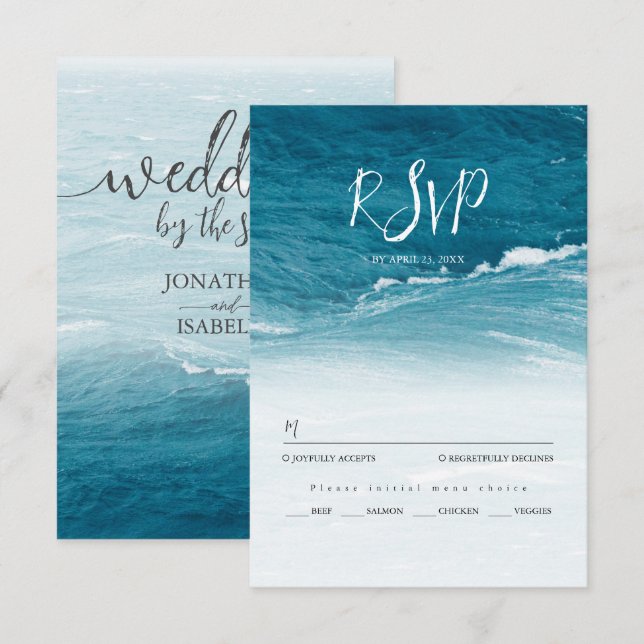 Summer wedding by the blue wavy sea ombre ocean RSVP card (Front/Back)