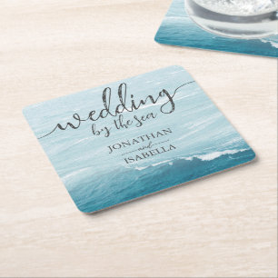 Summer wedding by the blue wavy sea ombre ocean square paper coaster
