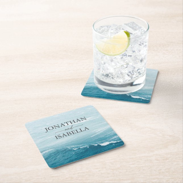 Summer wedding by the blue wavy sea ombre ocean square paper coaster (Insitu)