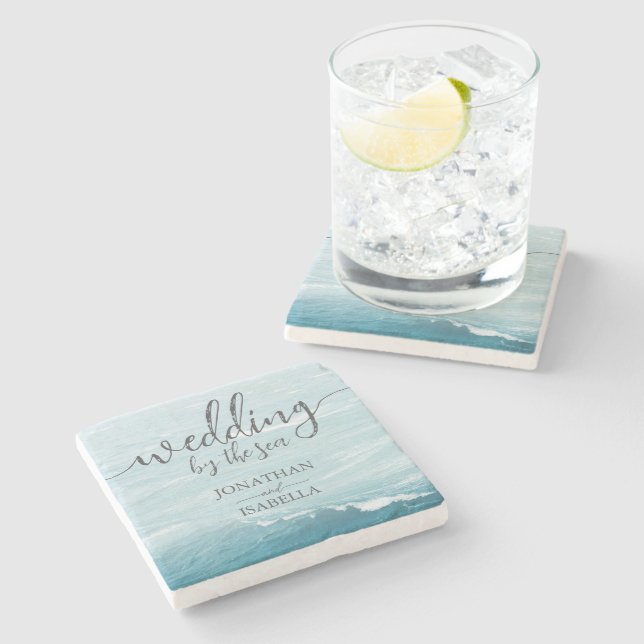 Summer wedding by the blue wavy sea ombre ocean stone coaster (Side)