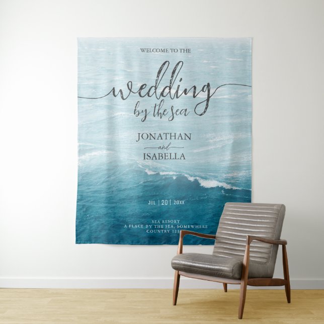 Summer wedding by the blue wavy sea ombre ocean tapestry (In Situ)