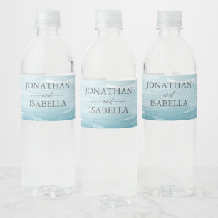Summer wedding by the blue wavy sea ombre ocean water bottle label