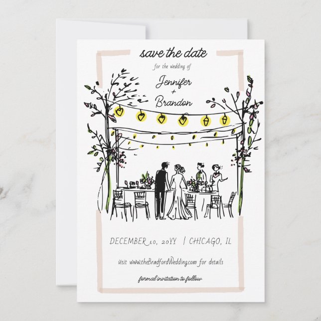 Summer Wedding hand sketched Save the Date Invitation (Back)