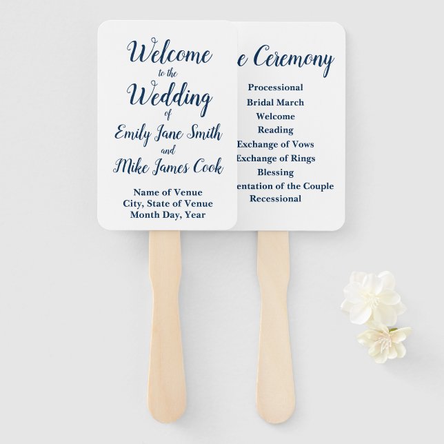 Summer Wedding Program Elegant Outdoor Navy White Hand Fan (Front and Back)