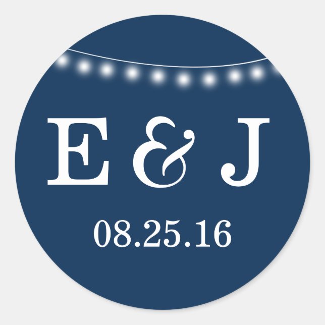Summer Wedding String Lights Blue Classic Round Sticker (Front)
