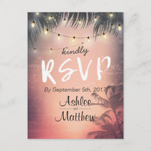Summer Wedding String Lights Palm Tree RSVP Reply Invitation Postcard