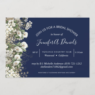 summer wedding white navy watercolor floral foil invitation