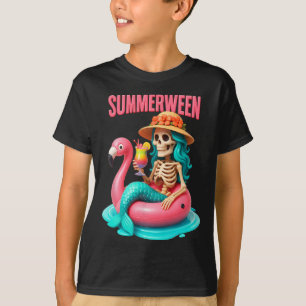 Summer-ween Mermaid Skeleton Flamingo Halloween Be T-Shirt