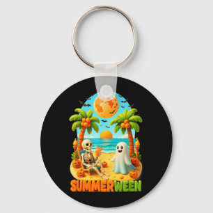 Summer-ween Skeleton Ghost Beach Palm Halloween Keychain