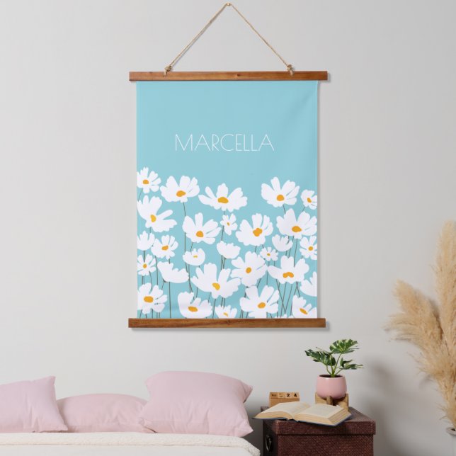 Summer White Cosmos Flowers Custom Name  Hanging Tapestry (Bedroom)