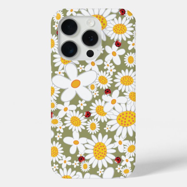 Summer White Daisies and Red Ladybugs On Brown Case-Mate iPhone Case (Back)