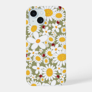 Summer White Daisies and Red Ladybugs On Brown iPhone 15 Case
