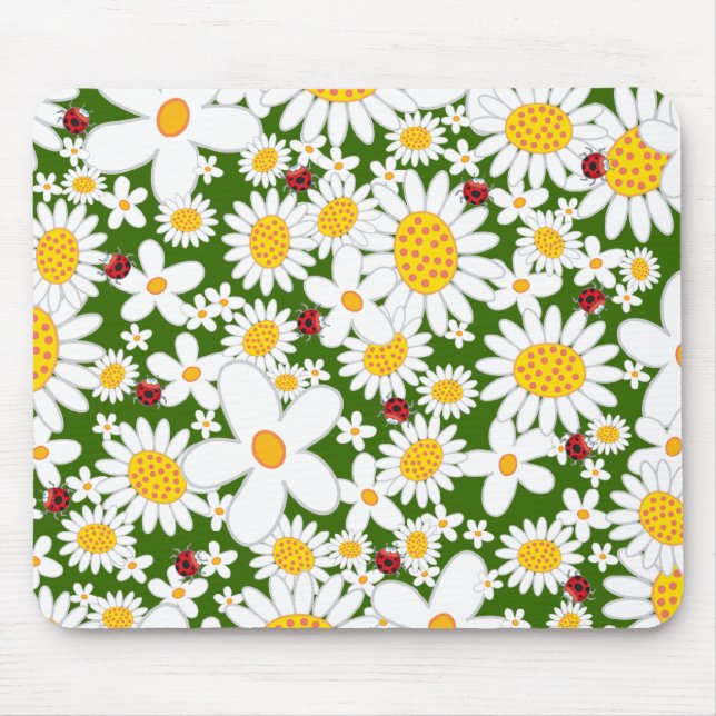 Summer White Daisies and Whimsical Red Ladybugs Mouse Pad (Front)
