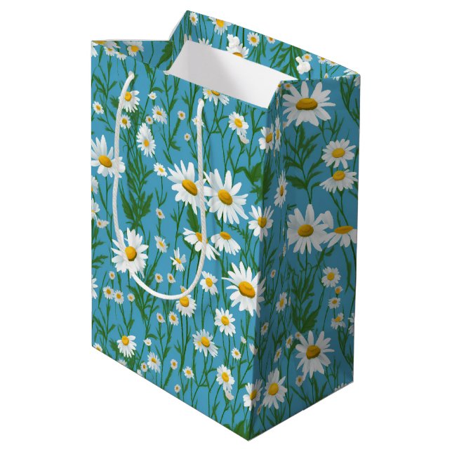 Summer White Daisies On Aqua Medium Gift Bag (Back Angled)
