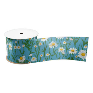 Summer White Daisies On Aqua Satin Ribbon