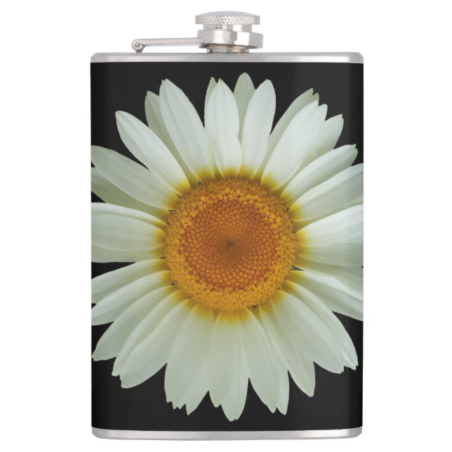 Summer White Daisy on Black Hip Flask (Front)