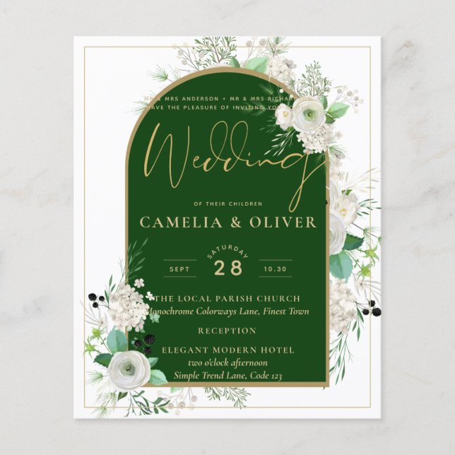 Summer White Roses Emerald Green Arch Wedding Flyer (Front)