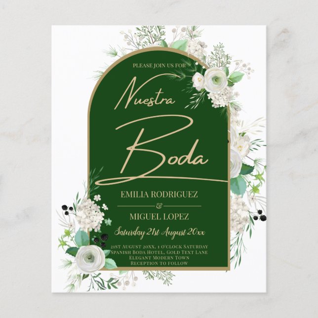 Summer White Roses Emerald Green Arch Wedding Flyer (Front)