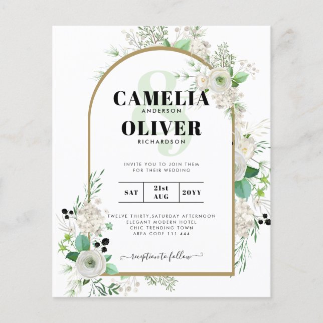 Summer White Roses Emerald Sage Greenery WEDDING Flyer (Front)