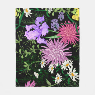 Summer Wild Flowers Seamless Sketch Fleece Blanket
