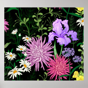 Summer Wild Flowers Seamless Sketch Poster