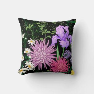 Summer Wild Flowers Seamless Sketch Throw Pillow