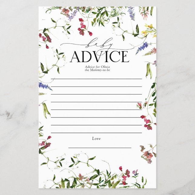 Summer Wildflower Baby Shower Parent Advice Flyer (Front)