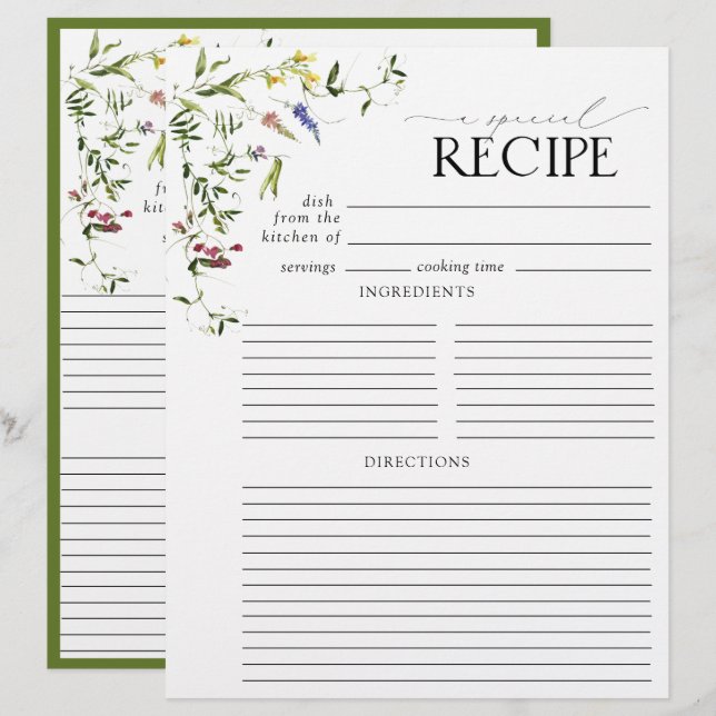 Summer Wildflower Bridal Shower Recipe Binder Page (Front/Back)
