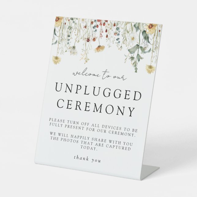Summer Wildflower Field Unplugged Ceremony Wedding Pedestal Sign (Front)