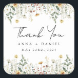 Summer Wildflower Field Wedding Square Sticker<br><div class="desc">This design features a watercolor border of wildflowers in shades of gold,  red,  blue,  and green. Perfect for spring and summer weddings.</div>