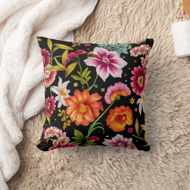 Summer Wildflower Floral Art Black Throw Pillow (Blanket)