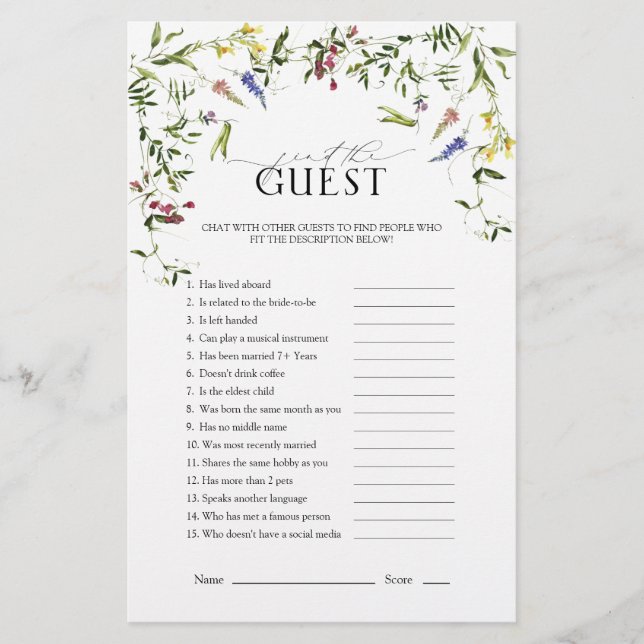 Summer Wildflower Floral Bridal Shower Game (Front)