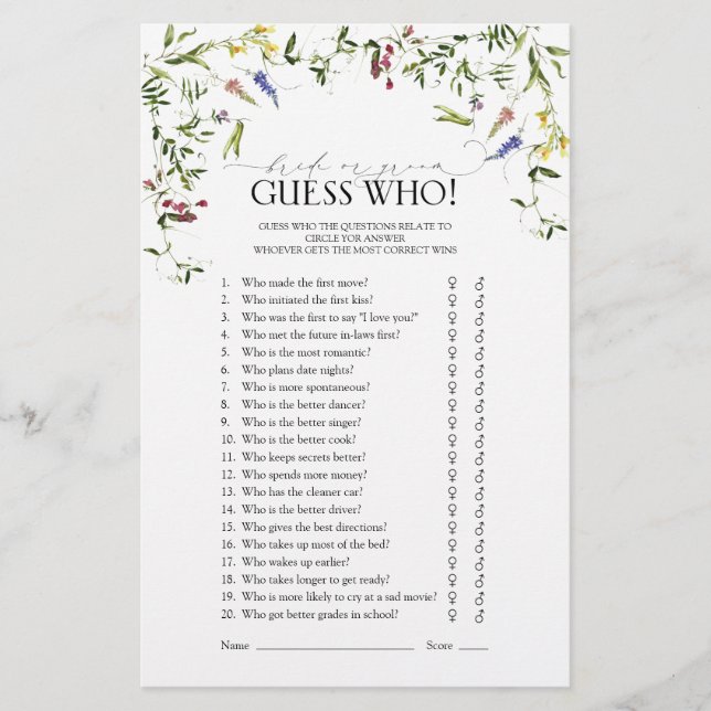 Summer Wildflower Floral Bridal Shower Game (Front)