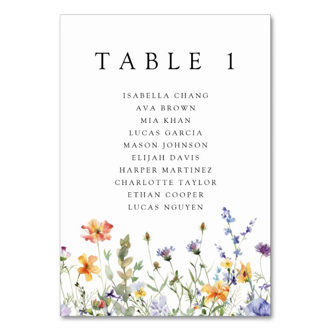 Summer Wildflower Garden Wedding  Table Number (Front)