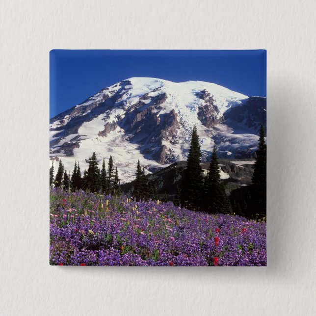 summer wildflowers at the base of Mount Rainier, 2 Inch Square Button (Front)