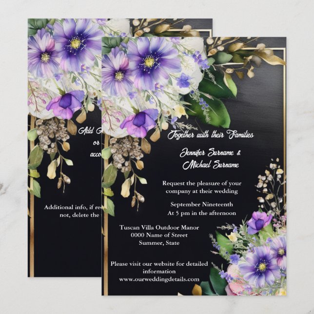 Summer wildflowers elegant black purple watercolor invitation (Front/Back)