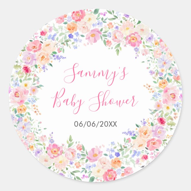 Summer Wildflowers Floral Baby Shower  Classic Round Sticker (Front)