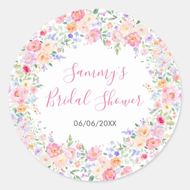 Summer Wildflowers Floral Bridal Shower  Classic Round Sticker (Front)