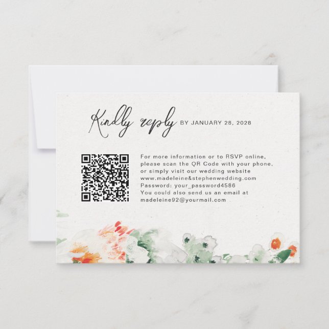 Summer Wildflowers green & orange QR Code online RSVP Card (Front)