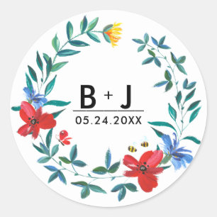 Summer Wildflowers Monogram Wedding Classic Round Sticker