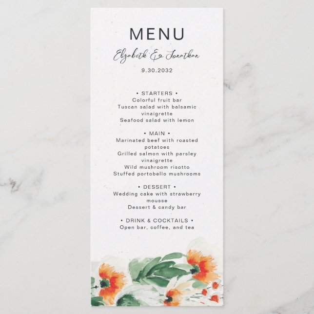 Summer wildflowers orange green floral wedding menu (Front)