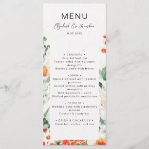 Summer wildflowers orange green floral wedding menu