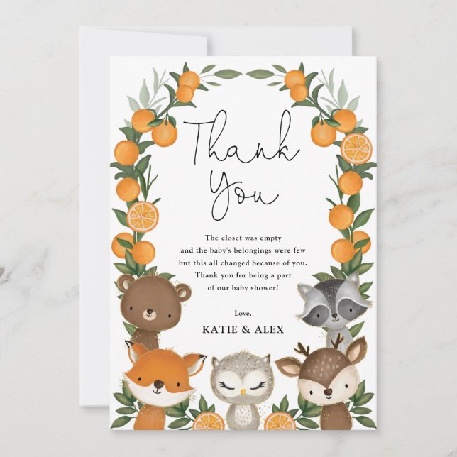 Summer Woodland Animals Orange Citrus Baby Shower Thank You Card (Front)