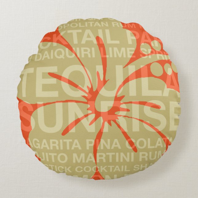 Summer Words Cocktails and Hibiscus Reversible Round Pillow (Front)