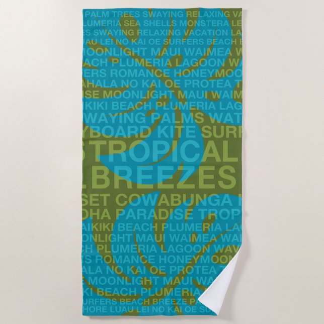 Summer Words Tropical and Hawaiian Monstera Leaf Beach Towel (Front)
