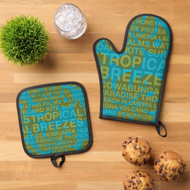 Summer Words Tropical and Monstera Leaf Oven Mitt & Pot Holder Set (Top Down)