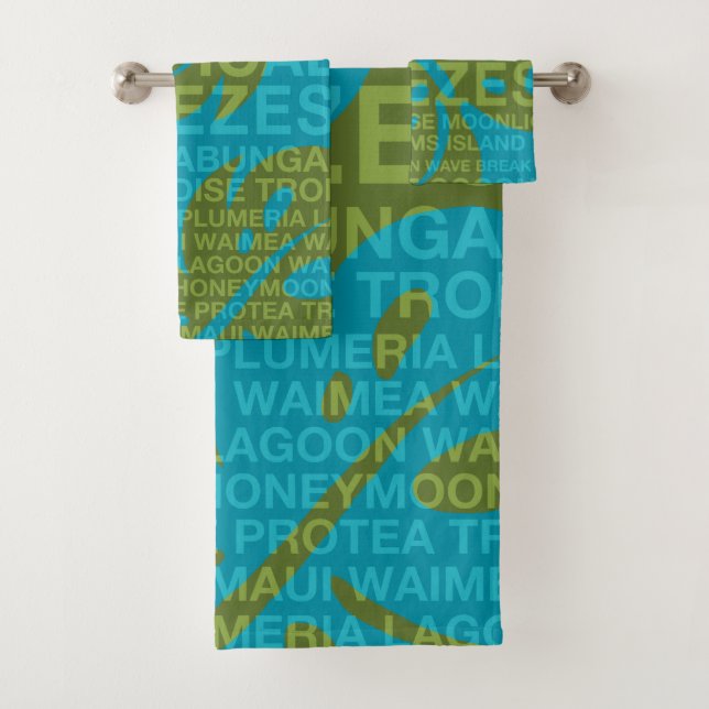 Summer Words Tropical and Monstera Leaf - Teal Bath Towel Set (Insitu)