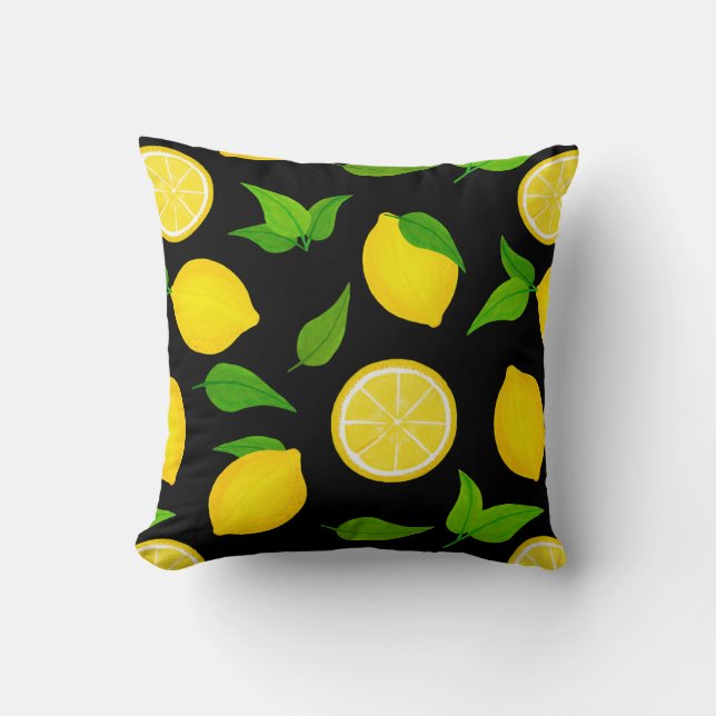Summer Yellow Lemons Pattern on Black Throw Pillow (Front)